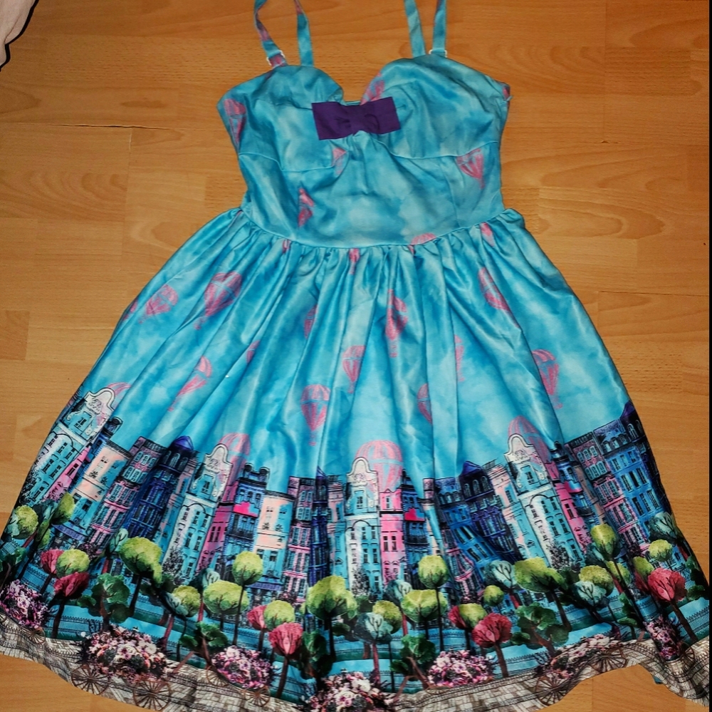 Lindy Bop Blue and Purple Cityscape Midi Dress